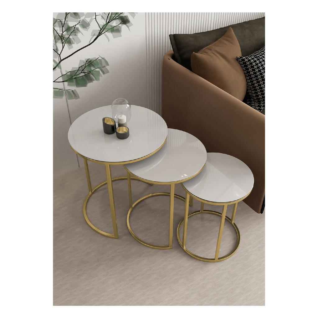 Ceylin 3-seat Nesting Coffee Table Silver Color Metal Leg, White Shatterproof Glass