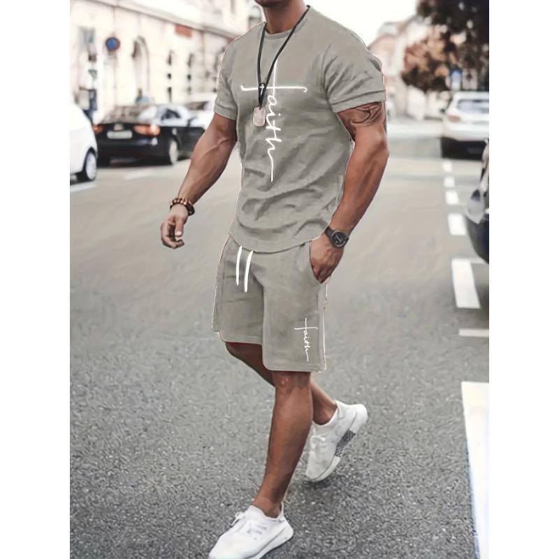 

Men s Two-piece Trendy Casual Round Neck Short Sleeved T-shirt and Drawstring Shorts Spring/summer Sportswear XL