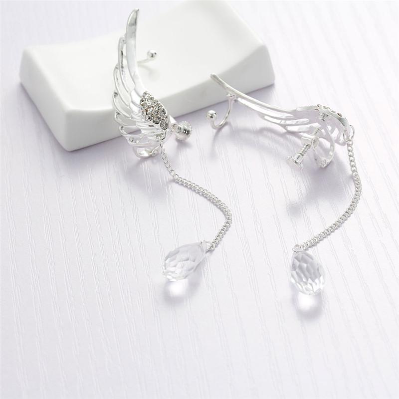 Boucles d'oreilles longues ailes d'ange creuses pour femmes, 2 pièces, jolis strass en cristal, Clip de manchette, bijoux en diamant
