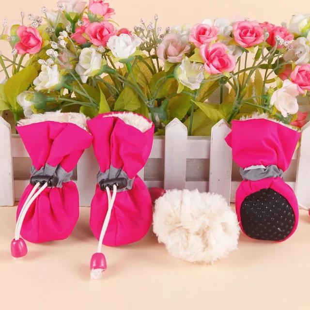 

4 шт./компл. Водонепроницаемые Зимние Теплые Ботинки для Домашних Животных, Собак, Нескользящие Ботинки от Дождя и Снега, Толстые для Маленьких Кошек, Щенков, Чихуахуа, Носки-Ботинки для Собак 1 розы красного