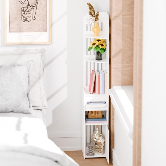 Small Bathroom Storage Cabinet Cabinet, Over The Toilet for Skinny Rack Corner Floor, Narrow with Paper Dispenser, Trash Can & Shelves (White)