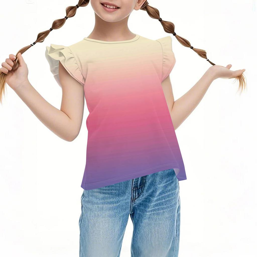 Children's Casual Short-Sleeved Pleated, Cute Gradient Printed Round-Neck Solid-Color Top