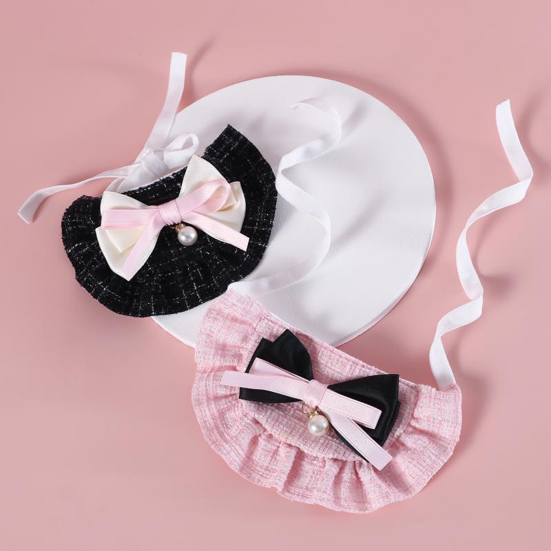 / 2Pcs Exclusive Pet Princess Inspired Beret Bib Pearl Bow Wear Accessories For Feline And Tiny Dogs.