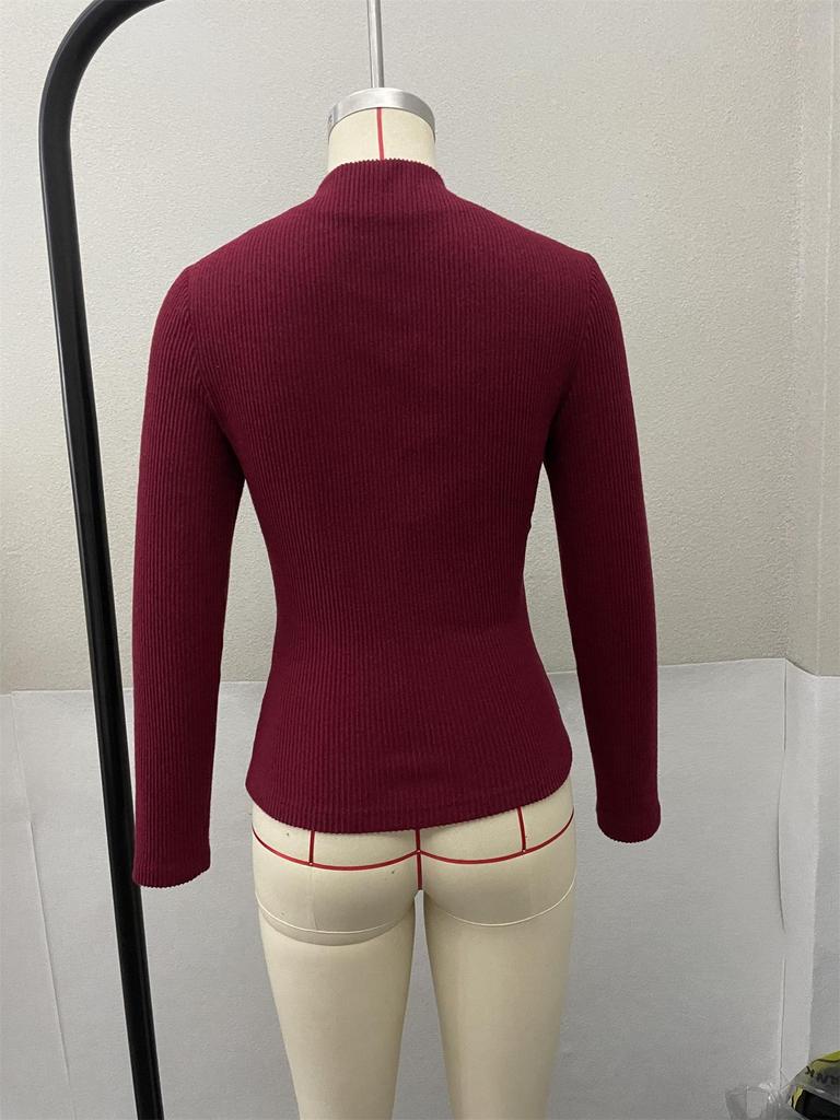 Women's Asymmetrical Hollow Metal Buckle Long Sleeve T-shirt - Solid Color, Autumn/Winter Style
