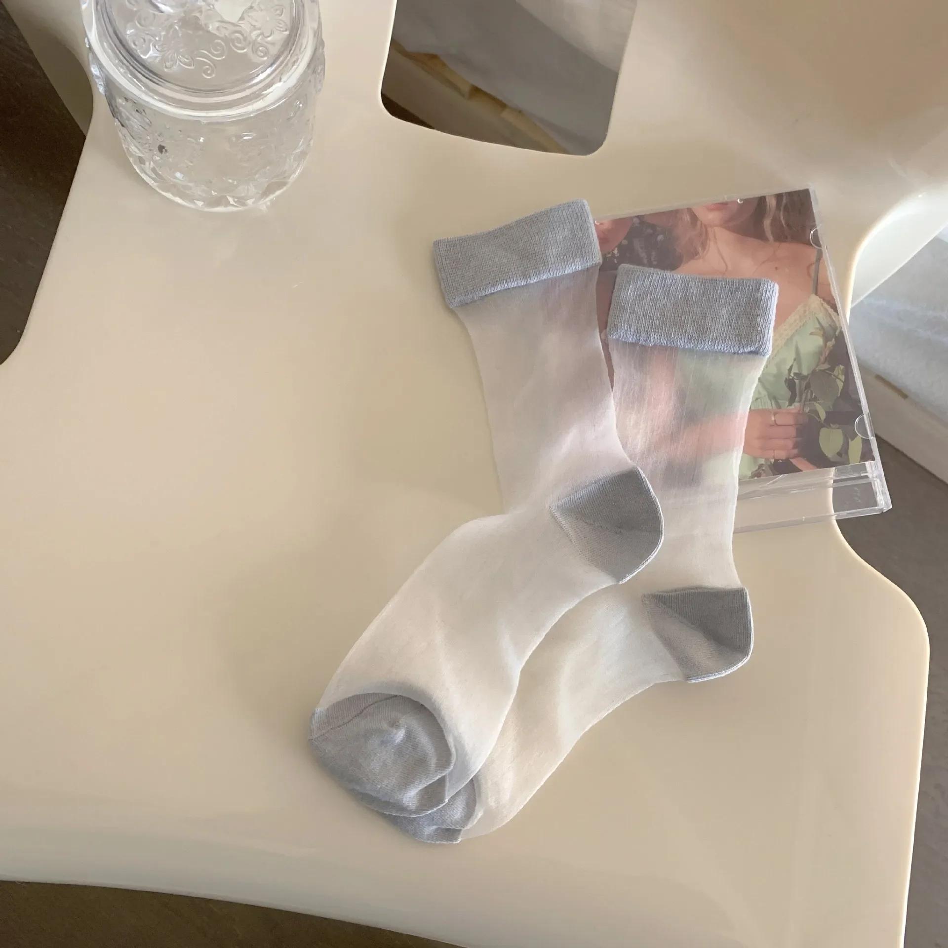 

Шелковые носки с кристаллами, женские летние ультратонкие прозрачные нейлоновые длинные носки, корейские модные повседневные однотонные дышащие женские носки серый