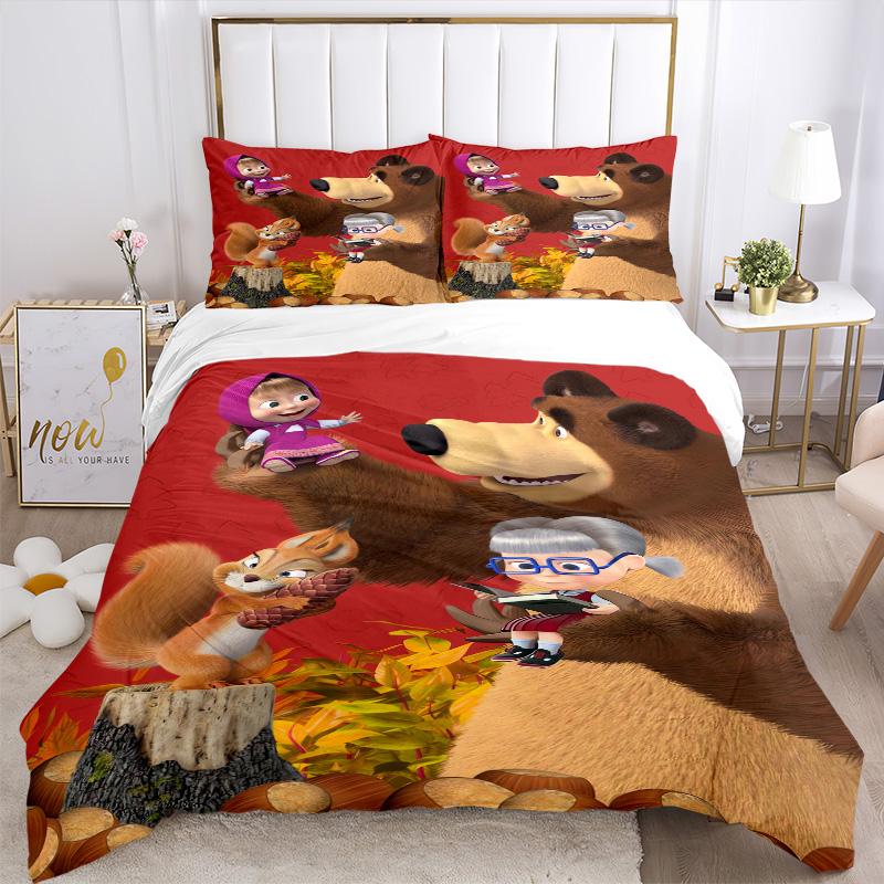Masha Bear Adventure Print 3Pcs Bedding Setduvet Cover With 2 Bedropillowcase Home Birthday Gift