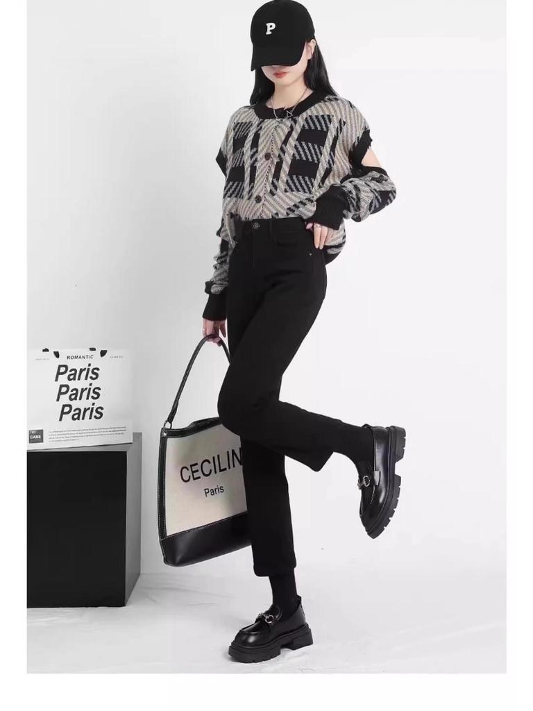 2025 Spring Women's High-Waist Black Slimming Petite Cigarette Jeans