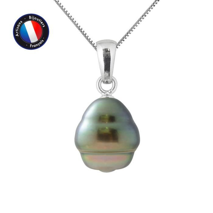 PERLINEA - Collier Perle de Tahiti A+ - Cerclé 9-10 mm - Argent 925 Millièmes - Bijoux Femme
