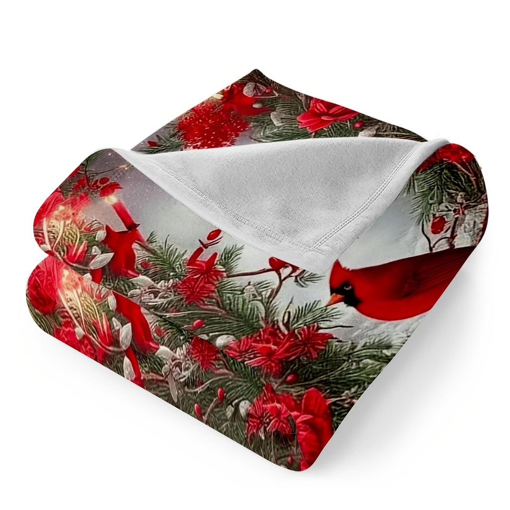 Red Cardinal Bird Fleece Blanket Floral Print Throw Soft Warm All Season Bedding Home Decor Gift For Bird Lovers