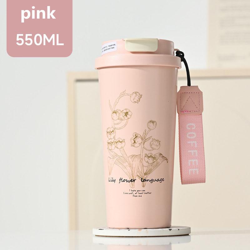 500ml Thermal Mug with Handle 304 Stainless Steel Insulated Vacuum Flask Coffee Mug Thermos Lily of the Valley Flower Luck Cup