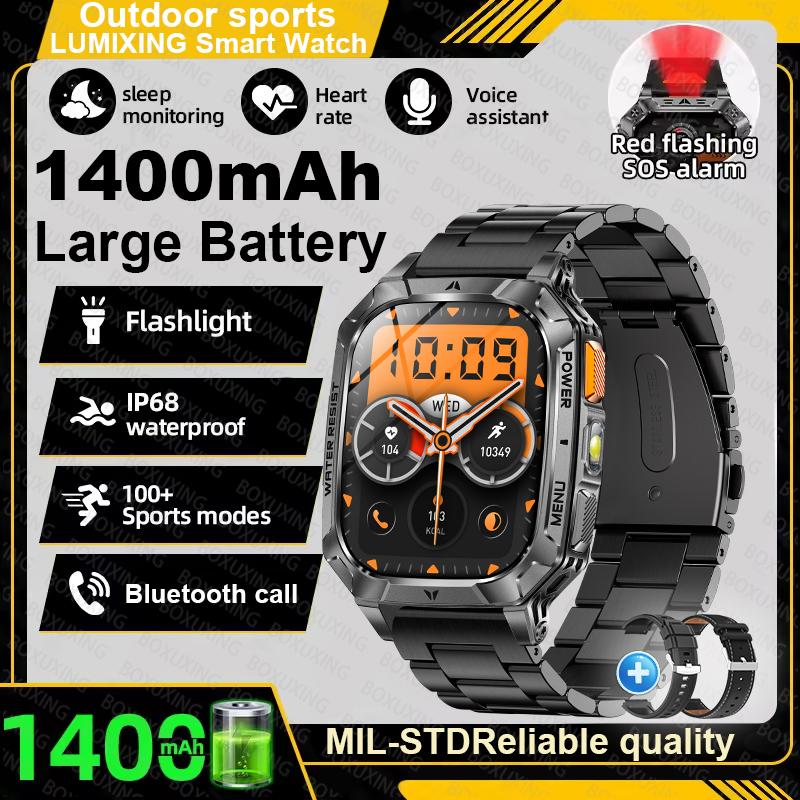 Military outdoor Smart Watch Fitness Clock Men 2.01 inch AMOLED Screen 1400mAh Battery Flashlight HD Call Waterproof Smartwatch