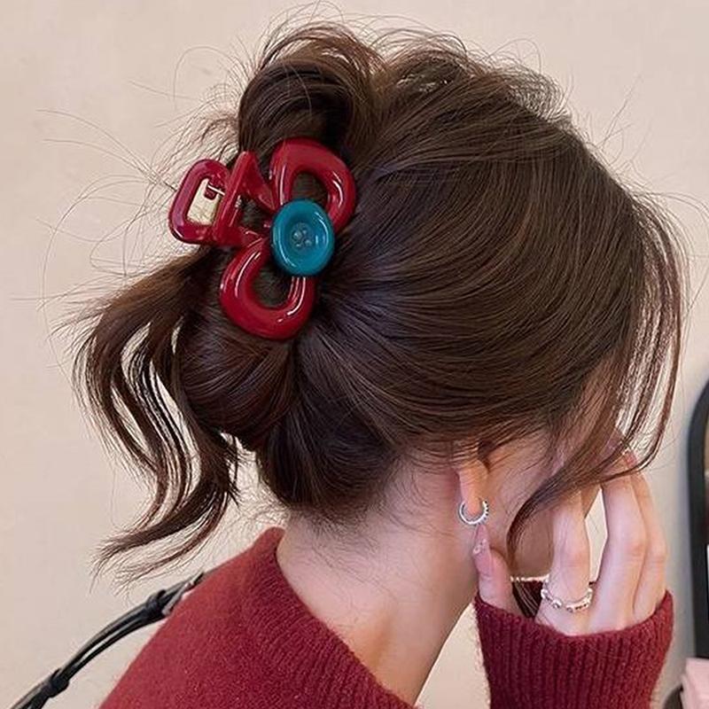 Red Button Grab Clip Women 2024 Back Of Head Hair Clip Headpiece Hairpin Hair Accessories