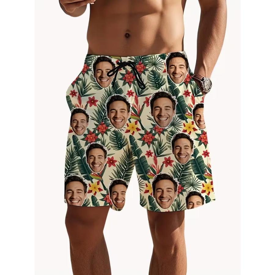 Custom Face Beach Shorts For Men 3D Digital Print Surfing Hawaiian Shorts Quick-Drying Lightweight Comfortable Swim Trunks