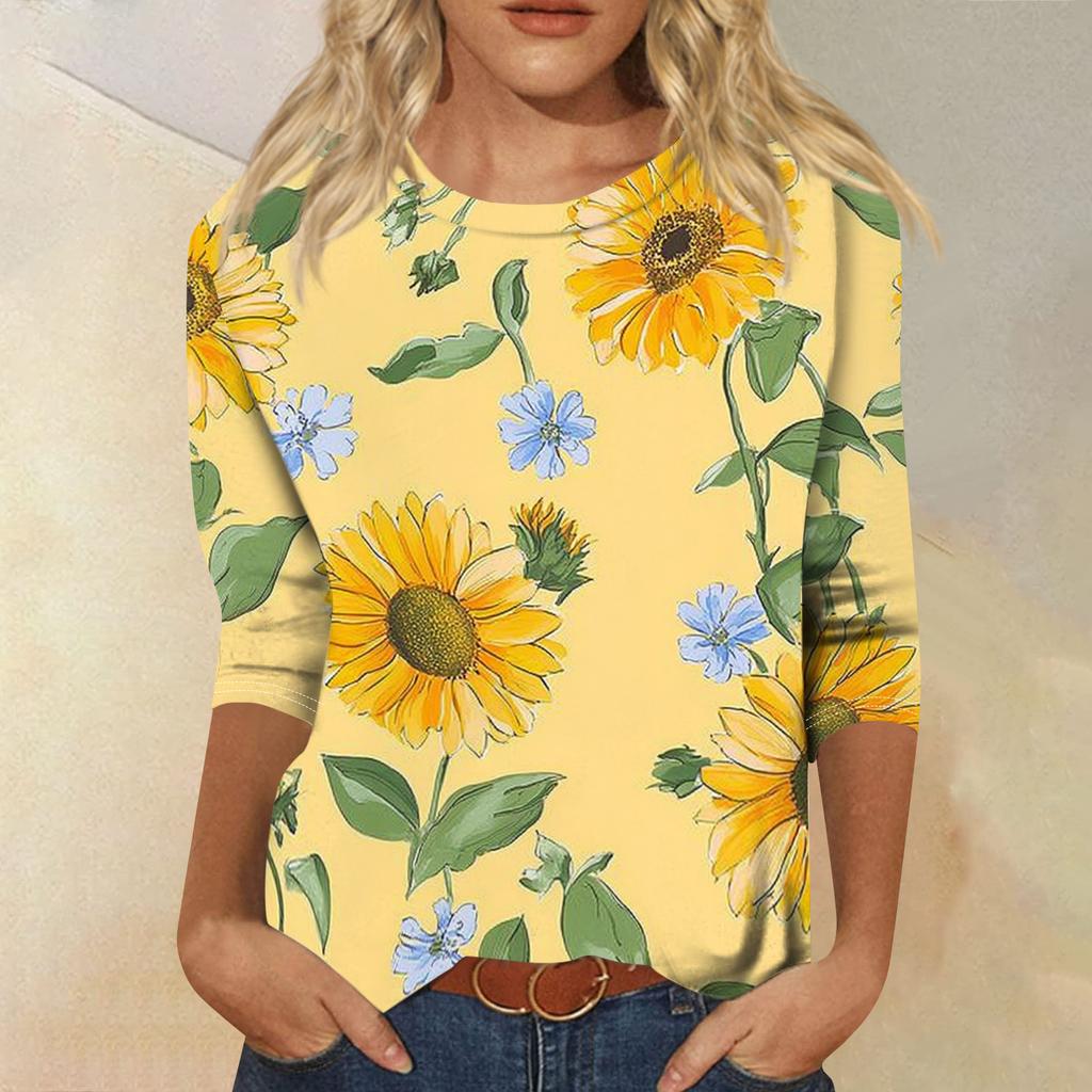 Top T-shirt casual alla moda da donna con scollo rotondo, manica a tre quarti e stampa
