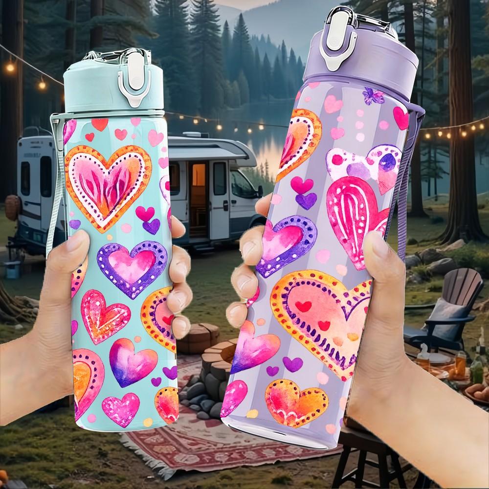 1PC Multi Color Heart Doodle Print 750ml Color Plastic Sports Water Bottle Leakproof Flip Straw Lid Suitable for Sports Office Home Use