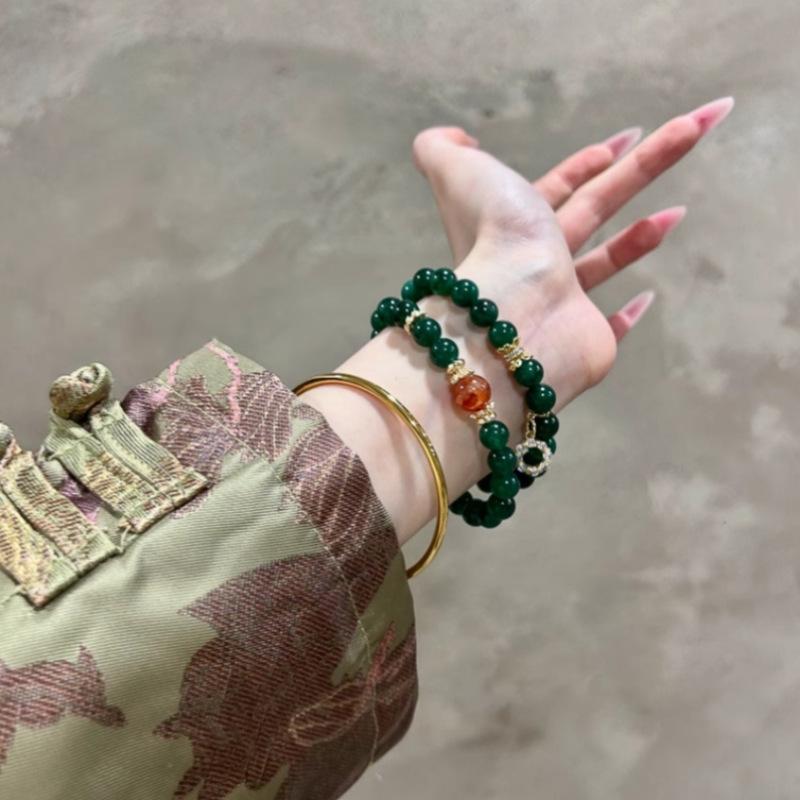 High-end Dark Green Jadeite Bracelet for Women, Natural Red Agate Crystal Beaded Bracelet, Light Luxury