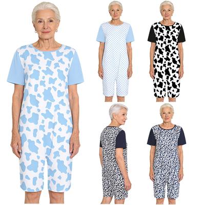 Tuta adattiva per adulti da donna, manica corta, blocchi di colore stampati, con bottoni al cavallo, body per anziani con demenza, cura dell'Alzheimer