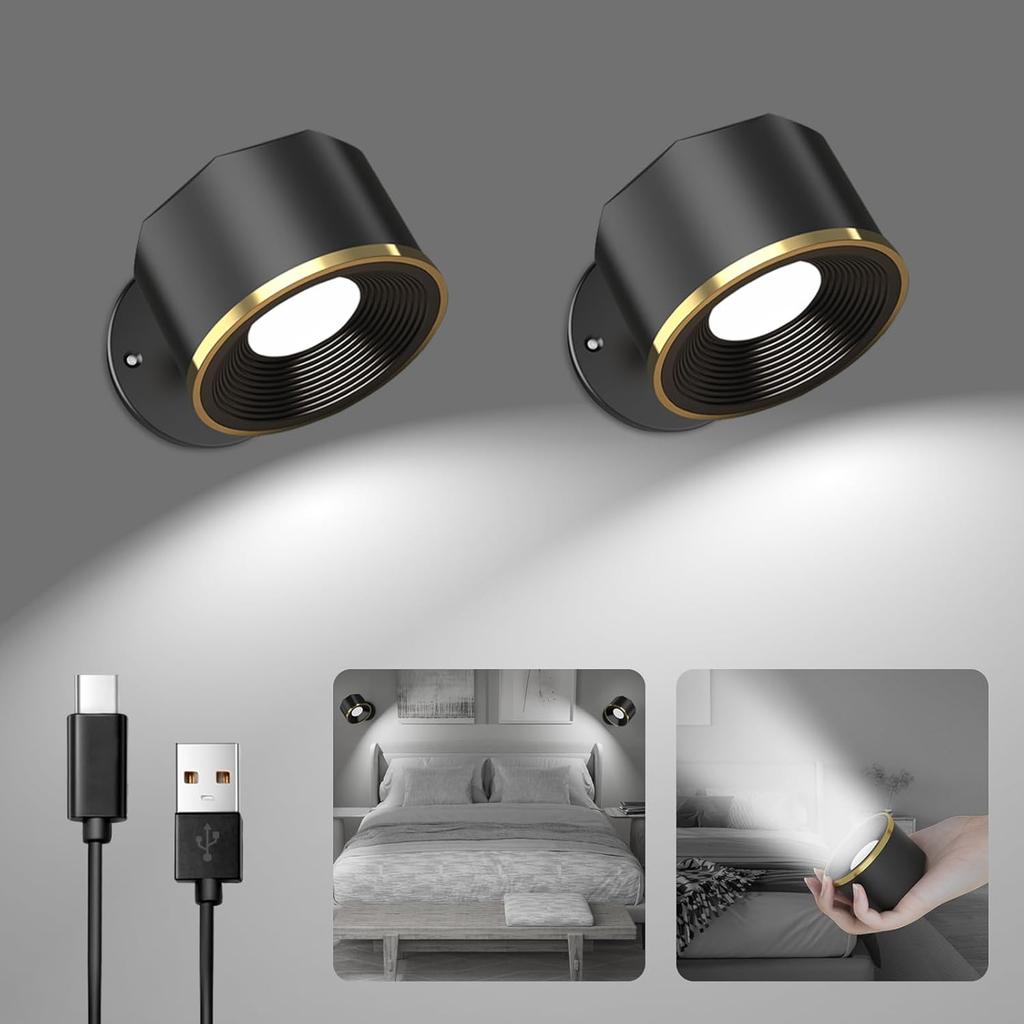 LED Wall Mounted Reading Lights, Wall Sconce 4 Color Modes & 3 Brightness, 2 Pack Wall Lights Rechargeable Battery Operated 360°Rotate Cordless