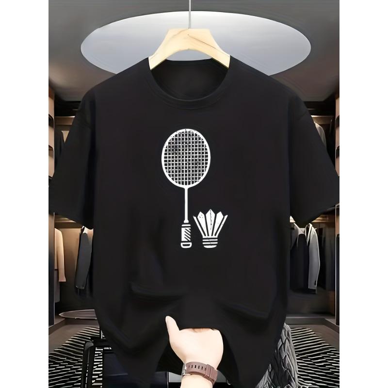 

European sizes This Is a Round-Neck Short-Sleeve T-Shirt Featuring a Print of a White Badminton Racket And Shuttlecock on The Front S чёрный