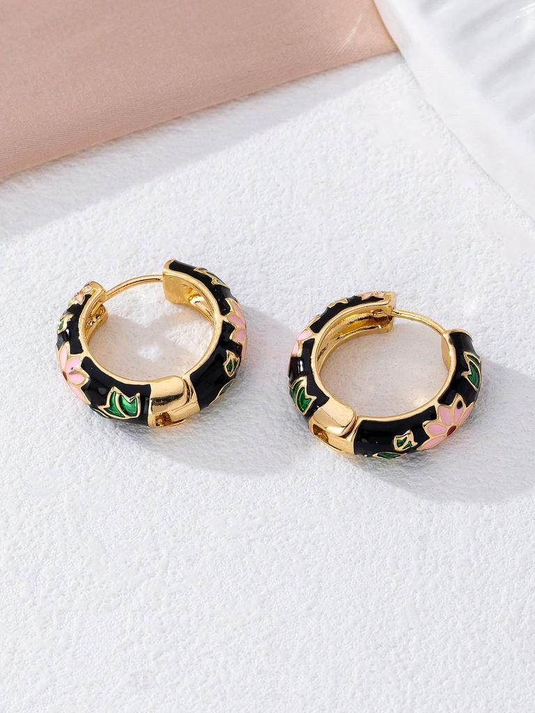 Bohemian Enamel Floral Hoop Earrings Intricate Hand Painted Flower Patterns Multiple Color Options Women's Party Daily Fashion