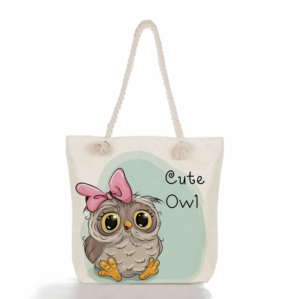 Cute owl print thick rope single-shoulder beach bag 7288 CLE