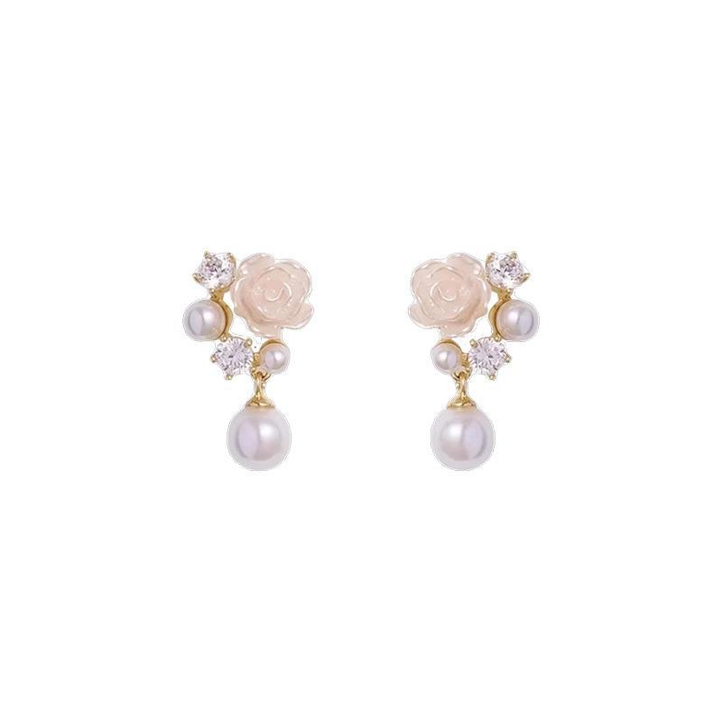 S925 Silver Needle Pearl Flower Earrings - Trendy Spring/Summer Camellia Design