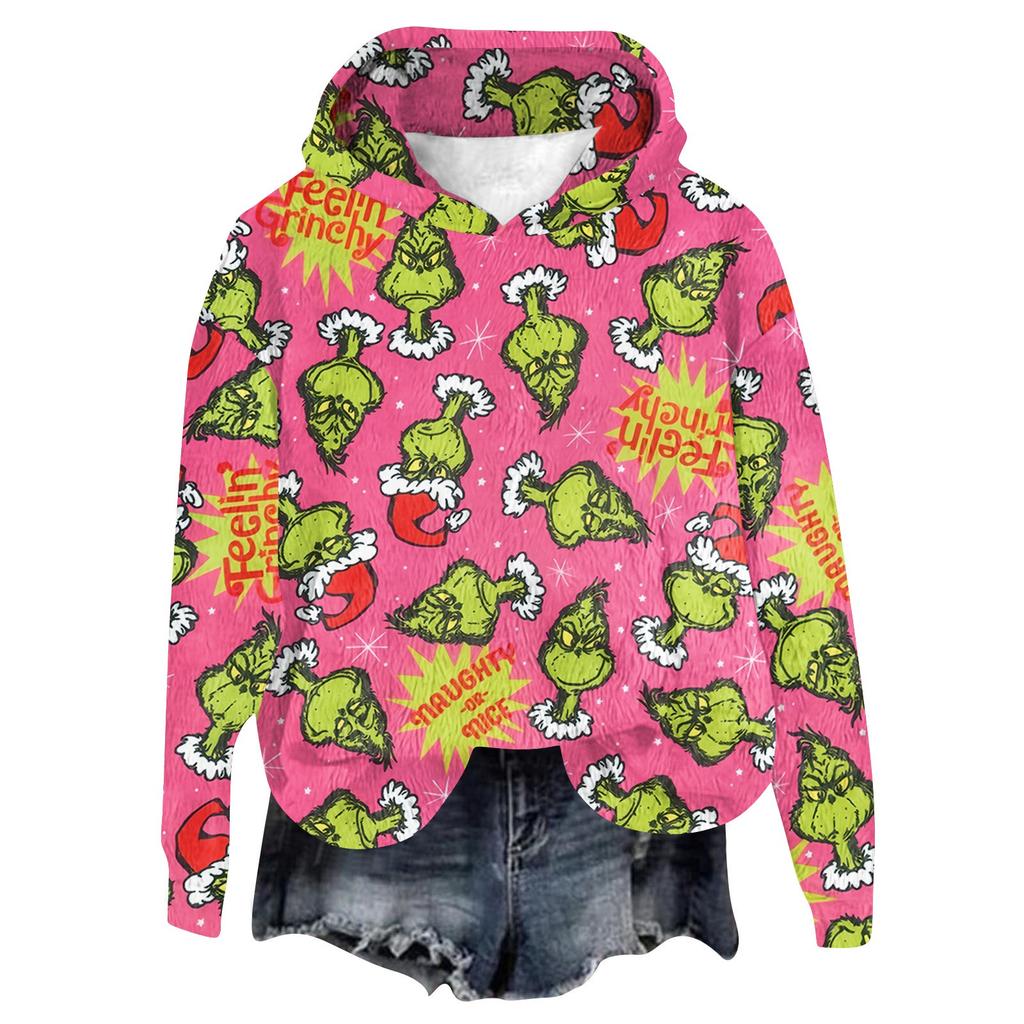 Women's Hooded Long Sleeve Christmas Printed Flannel Top Hooded Sweatshirt