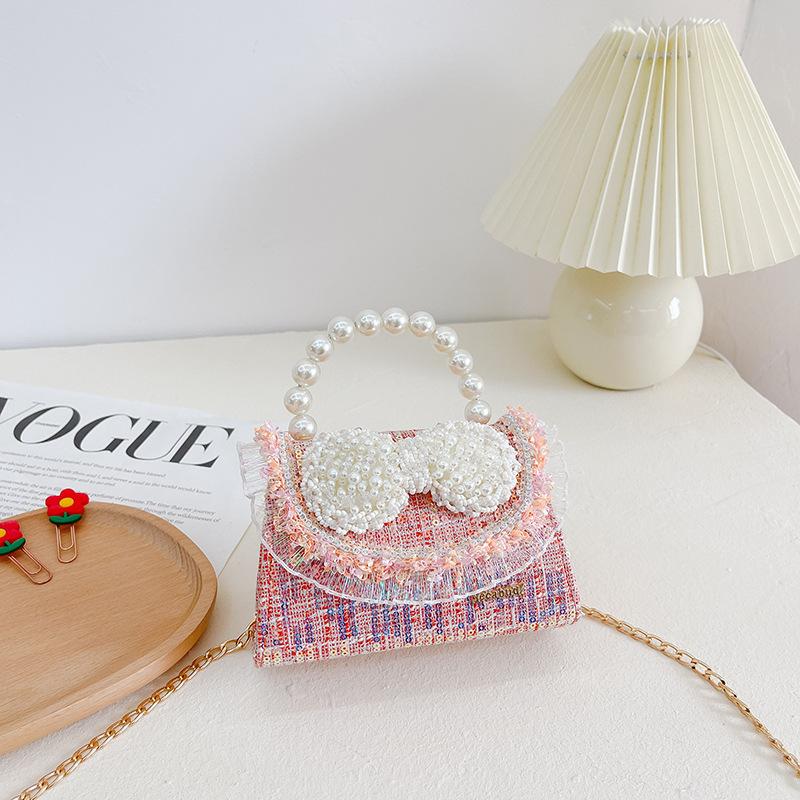 Kids Fashion Bag Cute Bowknot Side Crossbody Bags For Girls Pearl Tote Hand Bag Baby Messenger Bags Toddler Purse