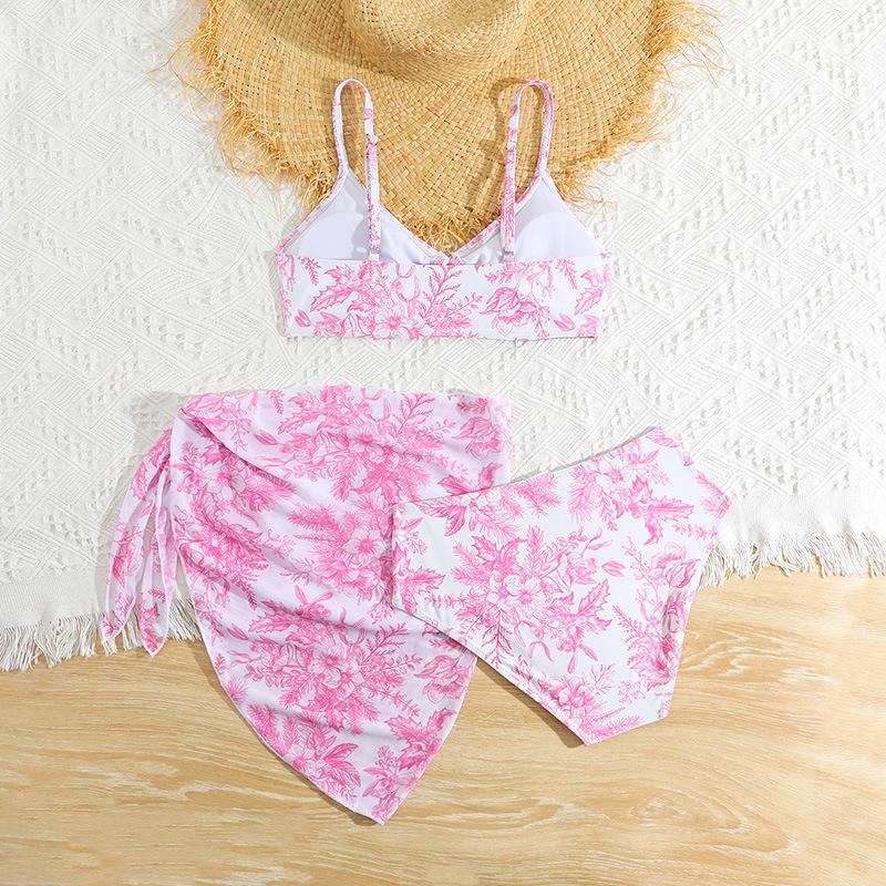 2026 Girls' European & American Print Mesh Three-Piece Swimsuit Set - Medium & Large Sizes