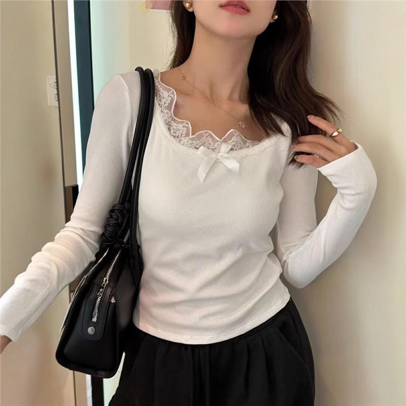 

Lemon Green Tea Lace Square Neck Bow Blouse TM-0869 One Size
