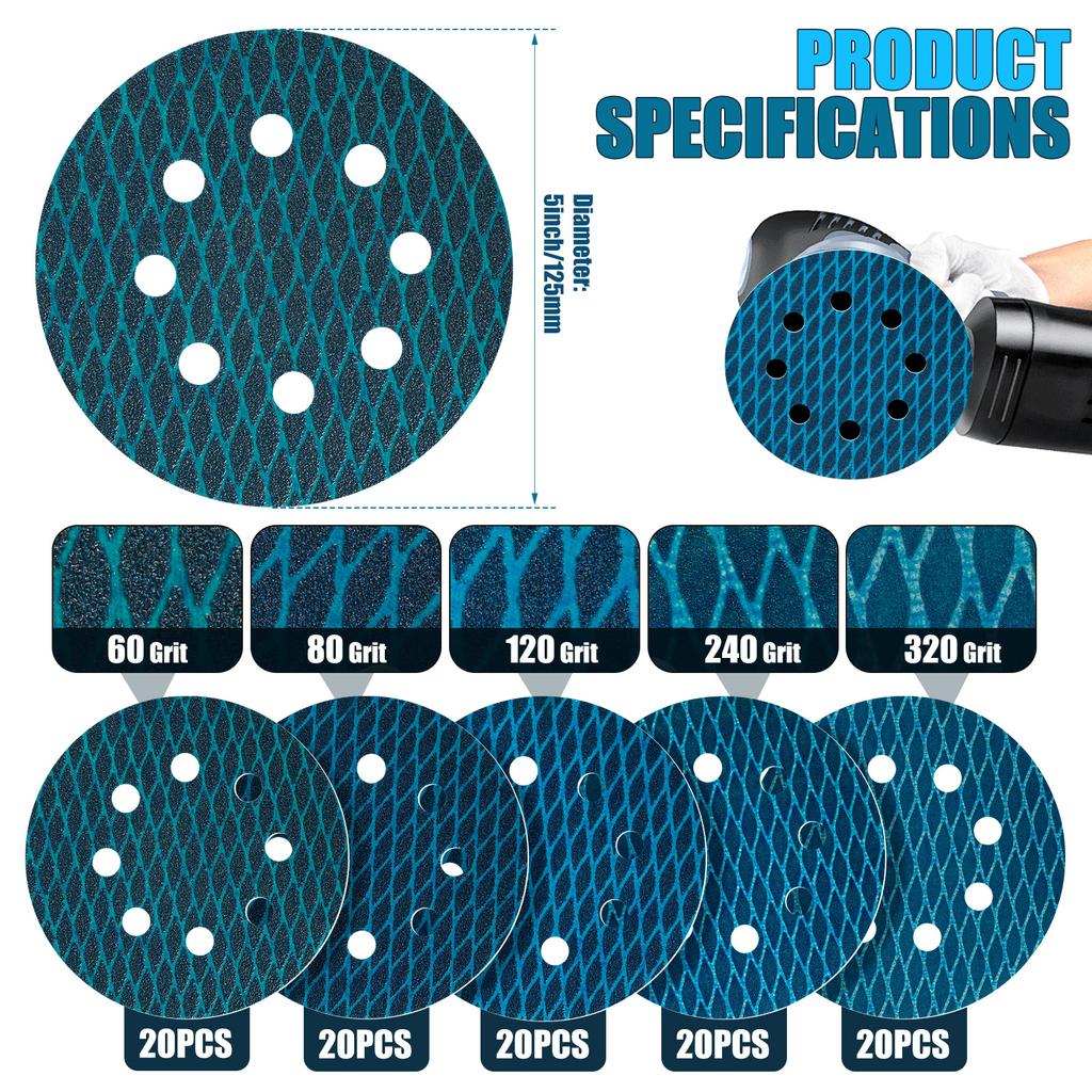 100Pcs Sanding Discs Set 5" 125mm 8 Hole Hook & Loop Sanding Sheets 60-320 Grits Anti Blocking Sanding Disc for Wood Metal Glass