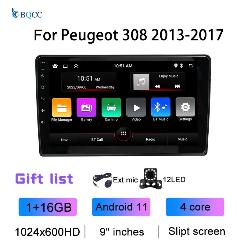 BQCC 9" 2din Car Multimedia Wireless Player GPS WiFi FM 4G Android11 Mirrorlink split-screen Car Radio for Peugeot 308 2013-2017