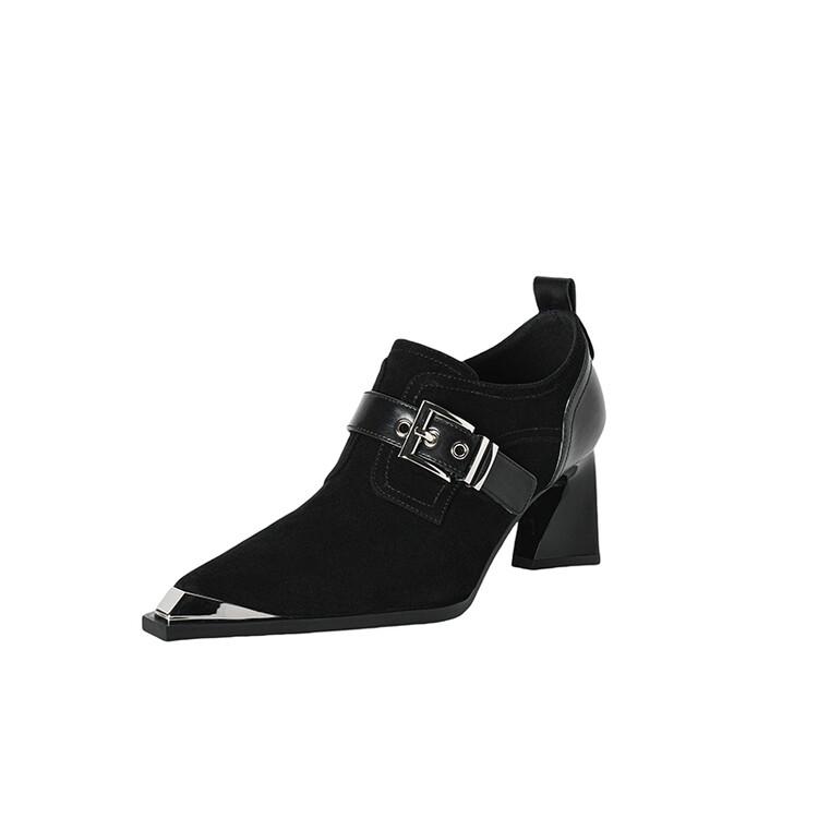 

Fashion NEW Spring/Autumn Women Pumps Sheep Suede Leather Shoes for Women Pointed Toe Chunky Heel Shoes Belt Buckle High Heel Shoes 34 чёрный