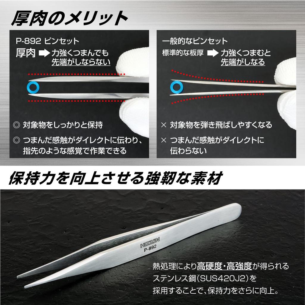 HOZAN Heavy Duty Tweezers P-892 Stainless Steel 125mm Thick-Walled High Durability Tip Width 1.2mm