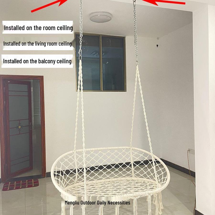 Nordic Indoor/Outdoor Double Hanging Chair Swing with Tassel Cradle - Cotton & Linen Hammock for Balcony, Homestay, or Internet Celebrity Use