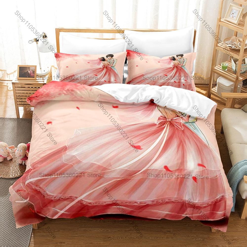 Cute Anime Wedding Couple Duvet Cover Set 1 Duvet Cover 2 Pillowcases Romantic Anime Print Home Bedding For Lovers