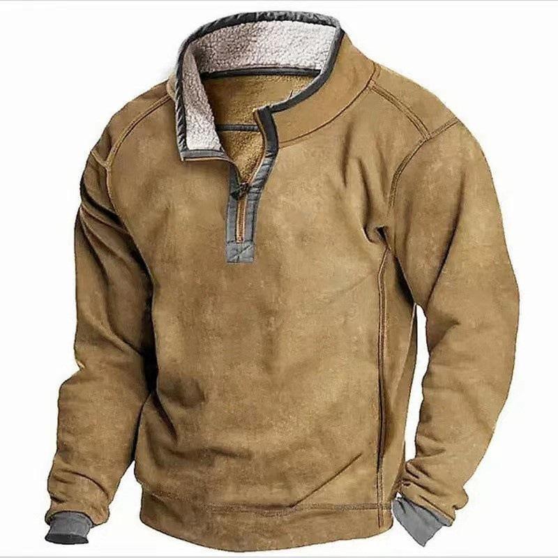 New Solid Color Sweatshirt for Men's Color-blocking Casual Stand Collar Zipper Fashionable Versatile Plush Top