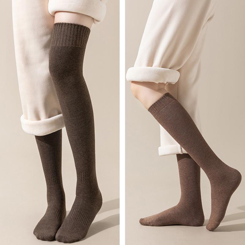 2 Pairs Sets Winter Thick Warmer Stockings For Women Knit Cotton Thermal Over Knee Socks Casual Solid Color Knee Long Sock