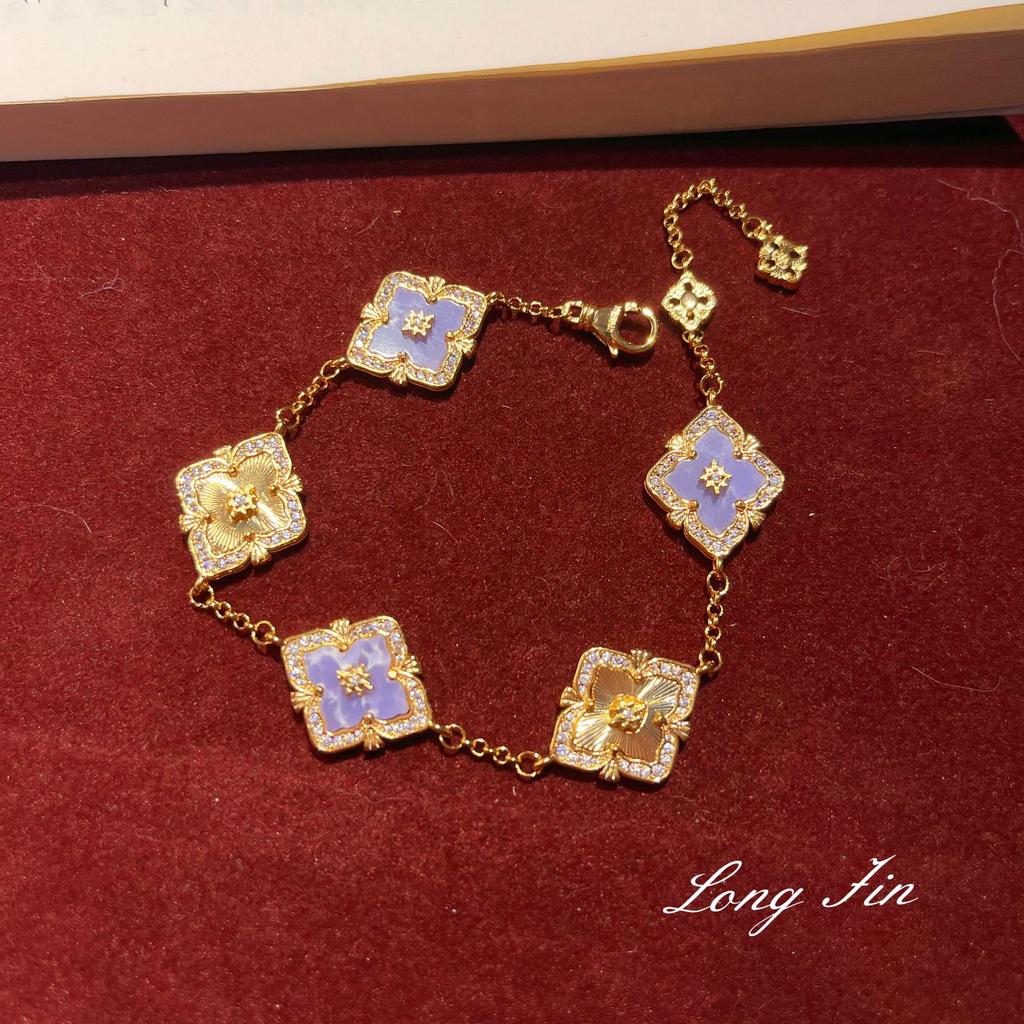 French Retro Raspuche Four-Leaf Clover Blue-Purple Suit, Bracelet Necklace, Earrings, Court Style, Light Luxury And Versatile.