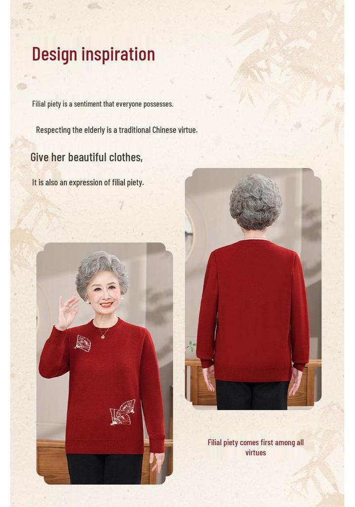 2025 Stylish Knit Base Layer Top for Middle-Aged & Elderly Women - Autumn/Winter Red Sweater
