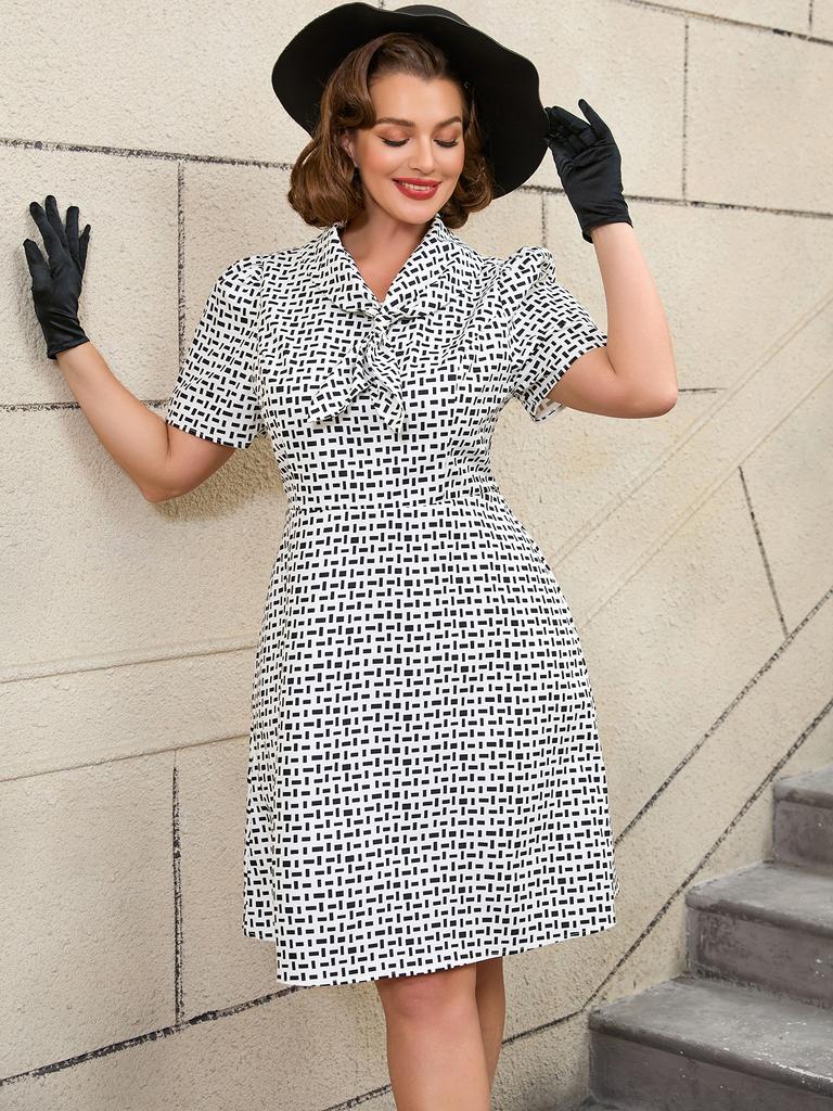 AOMEI White Women Dresses Short Sleeve Printed Slim Fit Knee Legnth Office Work Dress Plus Size