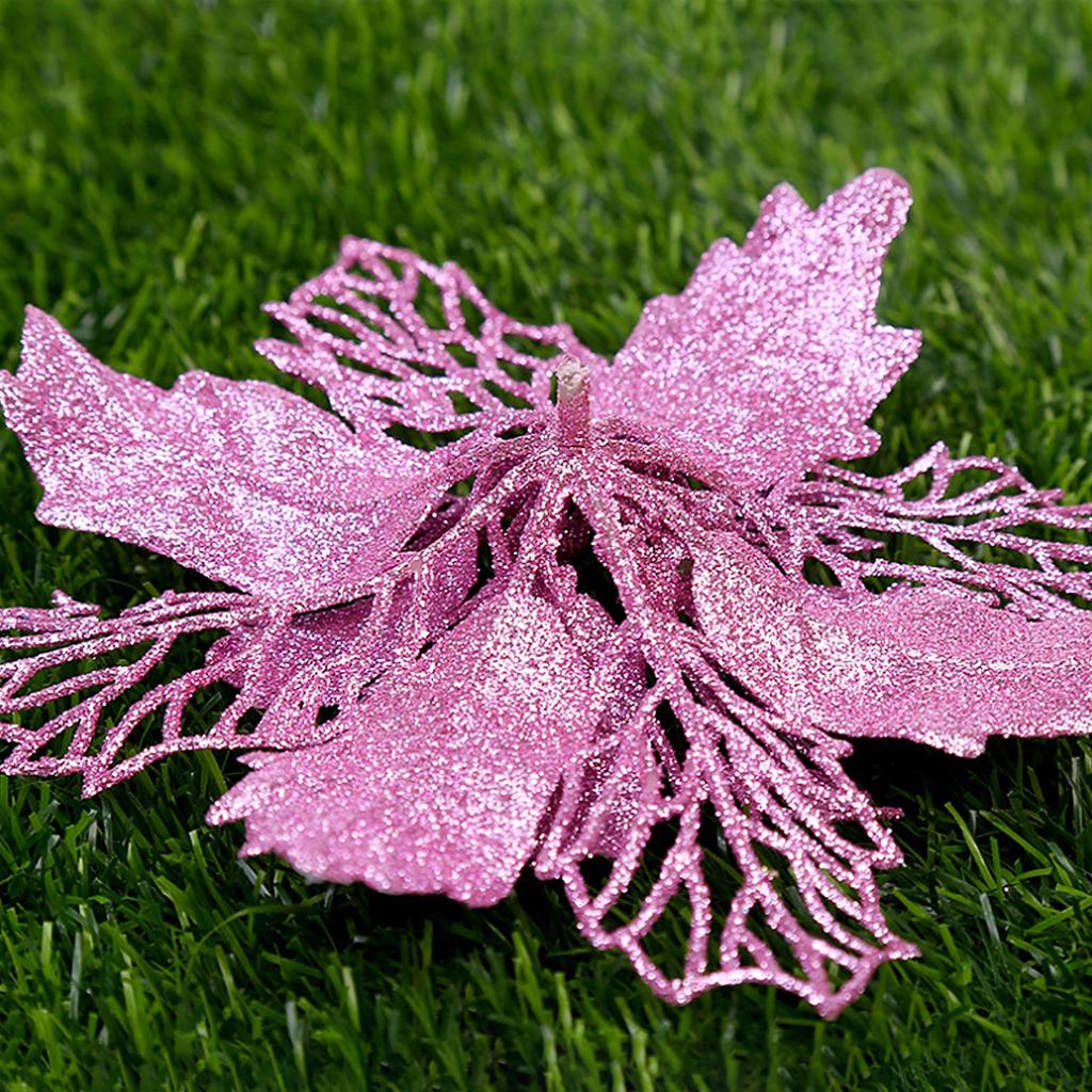 10Pcs Glitter Poinsettia 9cm Artificial Flowers Christmas for Wedding Party Wreath Decoration Black