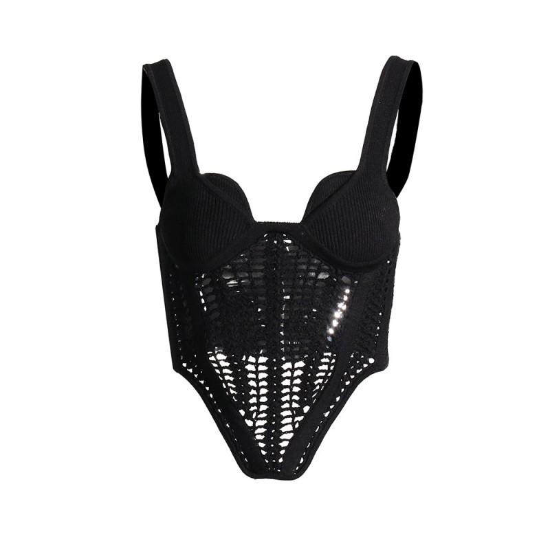 Womens Sexy Lace-Up Knit Camisole With Boned Corset Waist Hollow Out Detail Slim Fit Top