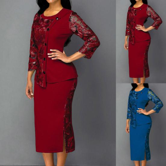Women Lace Hollow Out Long Sleeve Blouse Top Split Bodycon Skirt Office