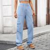 Women's Elastic Waist Straight Leg Long Denim Cargo Pants Street Style Washed Denim Cargo Trousers