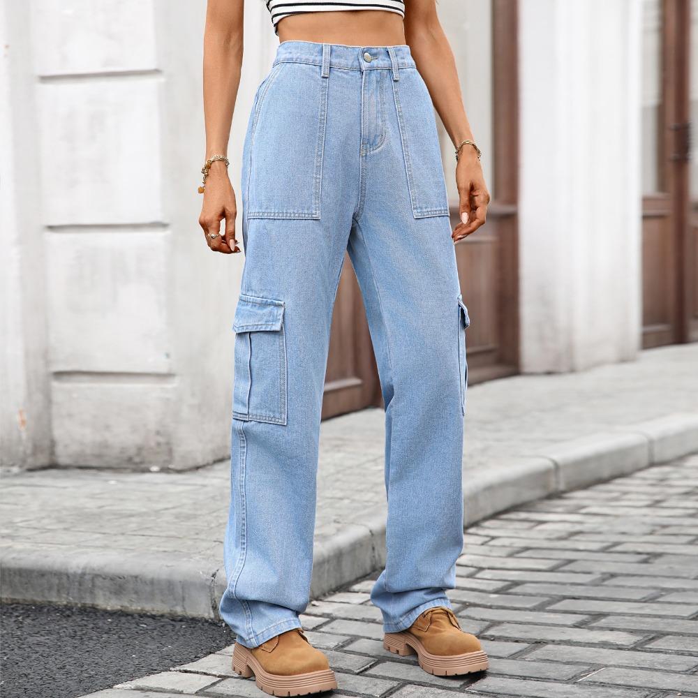 Women's Elastic Waist Straight Leg Long Denim Cargo Pants Street Style Washed Denim Cargo Trousers