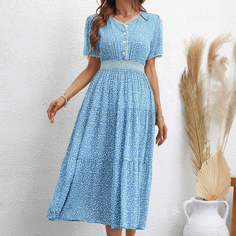 

Женская мода лето весна с коротким рукавом V-образным вырезом с высокой талией повседневные платья L синий