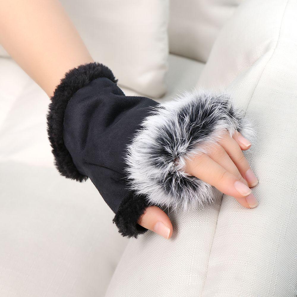Women Lady Suede Leather Winter Wrist Mitten Rabbit Fur Fingerless Gloves Winter Glove