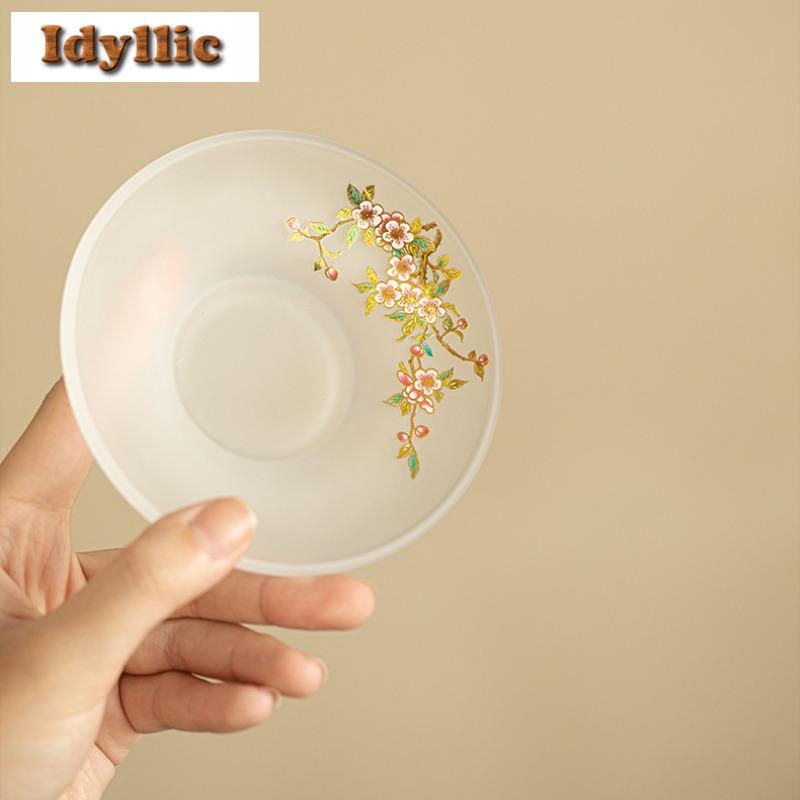150ml Peach Blossom Frosted Glass Gaiwan Elegant Tea Tureen Tea Bowl With Lid Kit Tea Maker Cover Bowl Drinkware Supplies Gift