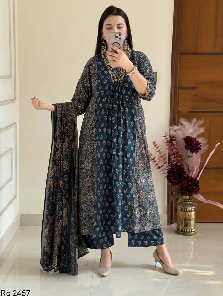 Women's Anarkali Cotton Printed Salwar Kameez Indian Bollywood Party Wear Top Tunic Kurti Set